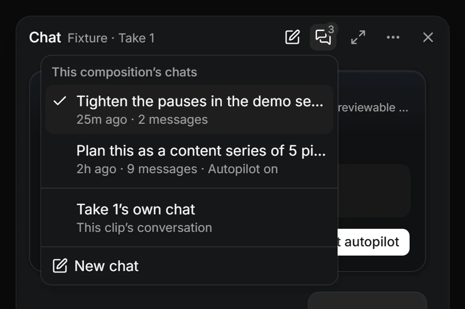 Got Motion's chat header listing this composition's chats: one tightening pauses, one planning a content series with Autopilot on, and the clip's own chat.